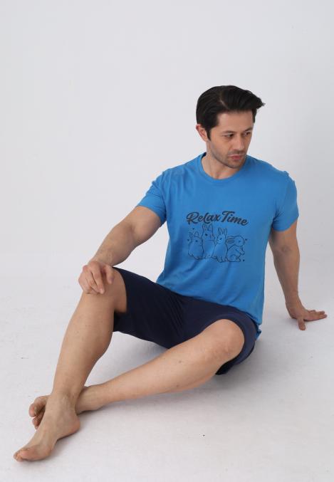 Pijama barbat cu maneca scurta si pantaloni 3/4, culoare albastru, Engros